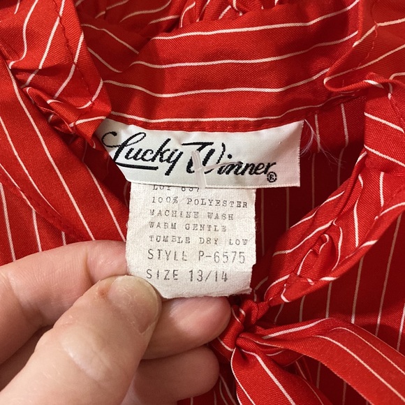 Vintage red & white striped long sleeve button up blouse with tie at collar - Picture 2 of 4